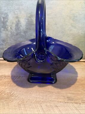 Indiana Glass Cobalt Blue Handled Glass Basket with JD marking